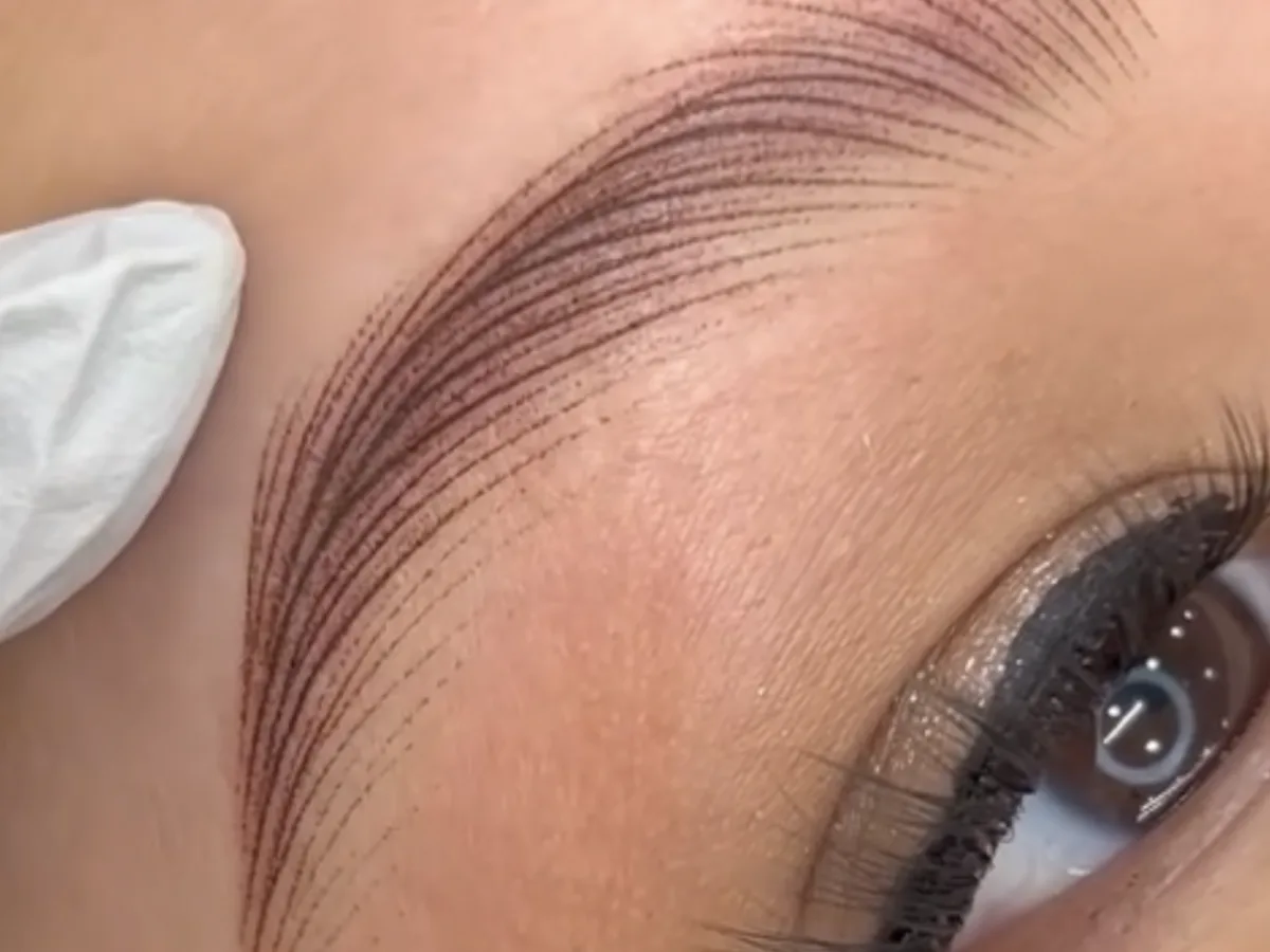 Extreme close-up of fine hair-stroke brow detail blending into soft shading, editorial beauty photography